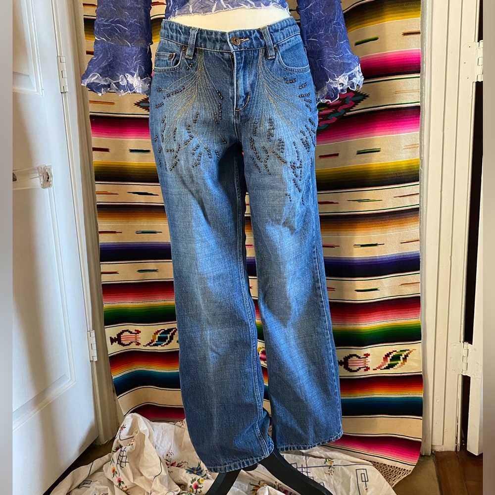 Y2K VINTAGE ROUTE 66 BEADED LIGHT WASH DENIM JEANS